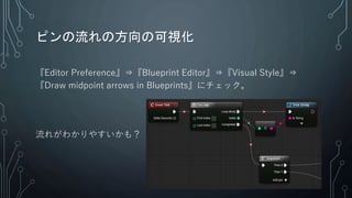 ピンの流れの方向の可視化
『Editor Preference』⇒『Blueprint Editor』⇒『Visual Style』⇒
『Draw midpoint arrows in Blueprints』にチェック。
流れがわかりやすいかも？
 