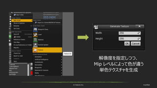 © historia Inc. #ue4fest
解像度を指定しつつ、
Mip レベルによって色が違う
単色テクスチャを生成
 