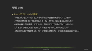 © historia Inc. #ue4fest
要件定義
 チャートデザイナーからの要望
– タイムライン上にキーを打ち、ノーツのタイミング調整や演出を入れていきたい
– できれば MIDI エディタのようなインターフェースでコピペ等は使えるようにしたい
– 作業内容は即時画面上に反映され、簡単にビジュアル面のプレビューをしたい
– プレビューで確認した後、実際にプレイ確認するまでのフローを確立したい
– 演出は同じIDで指定するが、ステージを変えた時にステージに合った演出が出てほしい
 