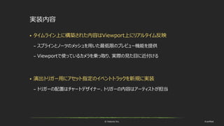 © historia Inc. #ue4fest
実装内容
 タイムライン上に構築された内容はViewport上にリアルタイム反映
– スプラインとノーツのメッシュを用いた最低限のプレビュー機能を提供
– Viewportで使っているカメラを乗っ取り、実際の見た目に近付ける
 演出トリガー用にアセット指定のイベントトラックを新規に実装
– トリガーの配置はチャートデザイナー、トリガーの内容はアーティストが担当
 