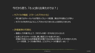 © historia Inc. #ue4fest
今だから思う、「もっと良く出来たのでは？」
 サブトラック機能（パターンのプリセット化）
– 同じ曲ではチャートレベルが変わってもノーツ配置、演出が共通なことが多い
– サブトラックを作れるようにしてプリセット化できたらもっと効率化できたかも
 評価基準の可視化
– 複数人で作業する上で、クオリティの統一が大きなコストとなった
– 出来上がったチャートの良し悪し確認コストを減らすために、
評価の手助けとなる評価基準を収集できる仕組みを検討した方が良かったかも
（ノーツ密度、コースの曲げ具合、エフェクトとノーツの重なり、etc…）
 
