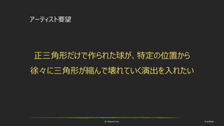 © historia Inc. #ue4fest
アーティスト要望
正三角形だけで作られた球が、特定の位置から
徐々に三角形が縮んで壊れていく演出を入れたい
 