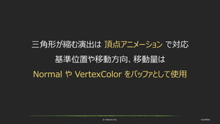 © historia Inc. #ue4fest
三角形が縮む演出は 頂点アニメーション で対応
基準位置や移動方向、移動量は
Normal や VertexColor をバッファとして使用
 