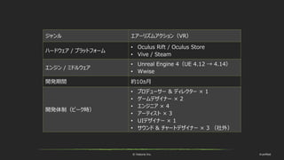© historia Inc. #ue4fest
ジャンル エアーリズムアクション（VR）
ハードウェア / プラットフォーム
• Oculus Rift / Oculus Store
• Vive / Steam
エンジン / ミドルウェア
• Unreal Engine 4（UE 4.12 → 4.14）
• Wwise
開発期間 約10ヵ月
開発体制（ピーク時）
• プロデューサー & ディレクター × 1
• ゲームデザイナー × 2
• エンジニア × 4
• アーティスト × 3
• UIデザイナー × 1
• サウンド & チャートデザイナー × 3 （社外）
 
