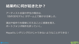 #ue4fest
結果的に何が起きたか？
アーティスト志望の学生の場合は、
『自作3Dモデル』がゲーム上で動かせる楽しさ。
演出や絵作りを簡単に行えることに感激を覚え、
ポートフォリオ制作も捗っていく。
Mayaのレンダリングだけじゃできないようなことができる！
 