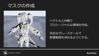 #ue4fest#ue4fest
ベクトルと内積で
プロシージャルな領域を作成。
完全なグレースケールで
影響範囲を決めるようにする。
マスクの作成
 