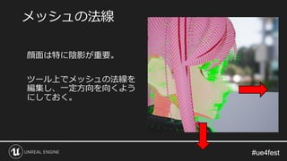 #ue4fest#ue4fest
顔面は特に陰影が重要。
ツール上でメッシュの法線を
編集し、一定方向を向くよう
にしておく。
メッシュの法線
 