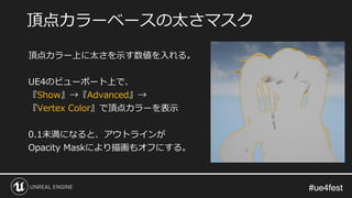 #ue4fest#ue4fest
頂点カラー上に太さを示す数値を入れる。
UE4のビューポート上で、
『Show』→『Advanced』→
『Vertex Color』で頂点カラーを表示
0.1未満になると、アウトラインが
Opacity Maskにより描画もオフにする。
頂点カラーベースの太さマスク
 