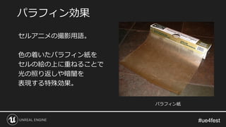 #ue4fest#ue4fest
セルアニメの撮影用語。
色の着いたパラフィン紙を
セルの絵の上に重ねることで
光の照り返しや暗闇を
表現する特殊効果。
パラフィン効果
パラフィン紙
 