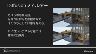 #ue4fest#ue4fest
カメラの写真用語。
光源や反射光を拡散させて
ぼんやりとした印象を与える。
ハイコントラストな絵には
非常に効果的。
Diffusionフィルター
 