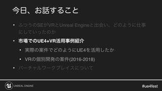 #ue4fest#ue4fest
• SE VR Unreal Engine
• UE4+VR
• UE4
• VR (2016-2018)
•
 