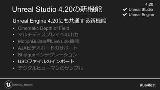 #ue4fest#ue4fest
Unreal Engine 4.20にも共通する新機能
• Cinematic Depth of Field
• マルチディスプレイへの出力
• MotionBuilder用Live Link機能
• AJAビデオボードのサポート
• Shotgunインテグレーション
• USDファイルのインポート
• デジタルヒューマンのサンプル
Unreal Studio 4.20の新機能
4.20
✔ Unreal Studio
✔ Unreal Engine
 