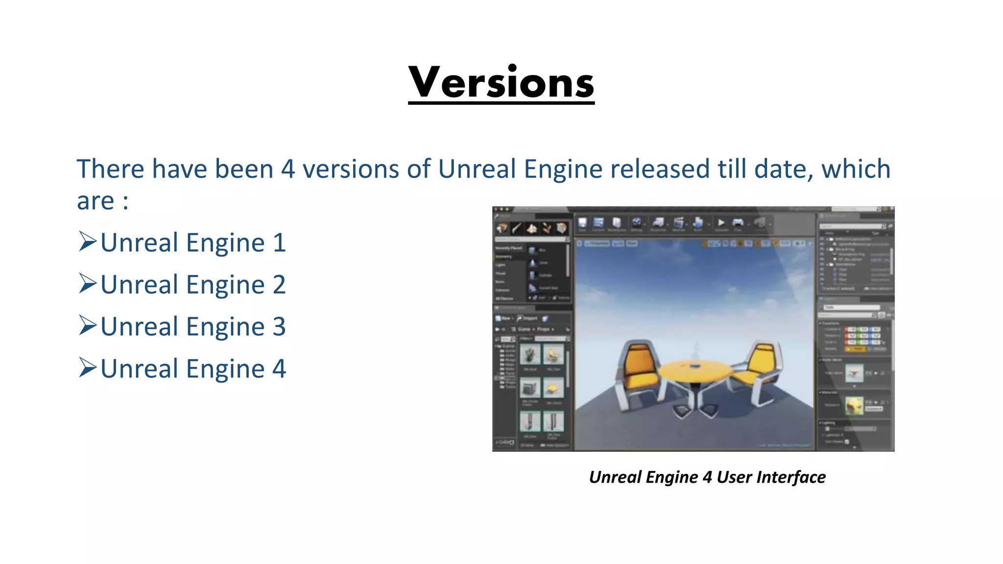 Versions There have been 4 versions of Unreal Engine released till date, which are : Unreal Engine 1 Unreal Engine 2 Unreal Engine 3 Unreal Engine 4 Unreal Engine 4 User Interface 