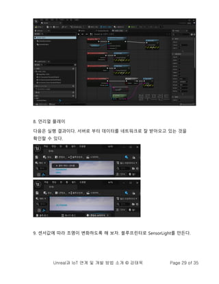 Unreal과 IoT 연계 및 개발 방법 소개 © 강태욱 Page 29 of 35
8. 언리얼 플레이
다음은 실행 결과이다. 서버로 부터 데이터를 네트워크로 잘 받아오고 있는 것을
확인할 수 있다.
9. 센서값에 따라 조명이 변화하도록 해 보자. 블루프린터로 SensorLight를 만든다.
 