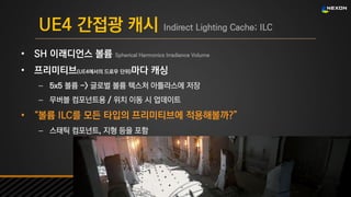 UNREAL SUMMIT 2016
UE4 간접광 캐시 Indirect Lighting Cache; ILC
• SH 이래디언스 볼륨 Spherical Harmonics Irradiance Volume
• 프리미티브(UE4에서의 드로우 단위)마다 캐싱
– 5x5 볼륨 -> 글로벌 볼륨 텍스처 아틀라스에 저장
– 무버블 컴포넌트용 / 위치 이동 시 업데이트
• “볼륨 ILC를 모든 타입의 프리미티브에 적용해볼까?”
– 스태틱 컴포넌트, 지형 등을 포함
 
