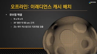 UNREAL SUMMIT 2016
오프라인: 이래디언스 캐시 배치
• 큐브맵 텍셀
– N x N x 6
– XY 평면 약 50 cm 간격
– Z는 레이 캐스팅으로 지표면을 검출
 