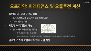UNREAL SUMMIT 2016
오프라인: 이래디언스 및 오클루전 계산
• 12개의 SH 이래디언스 볼륨
– 포지션, 벤트노멀 및 스카이 오클루전은 공유
– 이래디언스만 다름
• 시간별 이래디언스 계산
– 인다이렉트 포톤 파이널 개더링
• 하루 종일 라이트: 항상 포함
• 시간 변화 라이트: 현재 계산하는 시간에 해당하는 라이트에서 발산된 포톤만 필터링
• 글로벌 스카이 오클루전과 벤트 노멀 계산
 