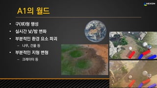UNREAL SUMMIT 2016
A1의 월드
• 구(球)형 행성
• 실시간 낮/밤 변화
• 부분적인 환경 요소 파괴
– 나무, 건물 등
• 부분적인 지형 변형
– 크레이터 등
 