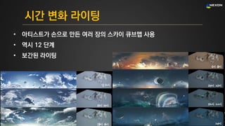 UNREAL SUMMIT 2016
시간 변화 라이팅
• 아티스트가 손으로 만든 여러 장의 스카이 큐브맵 사용
• 역시 12 단계
• 보간된 라이팅
 