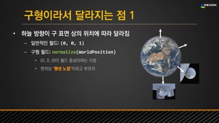 UNREAL SUMMIT 2016
구형이라서 달라지는 점 1
• 하늘 방향이 구 표면 상의 위치에 따라 달라짐
– 일반적인 월드: (0, 0, 1)
– 구형 월드: normalize(WorldPosition)
• (0, 0, 0)이 월드 중심이라는 가정
• 편의상 ‘행성 노멀’이라고 부르자
 