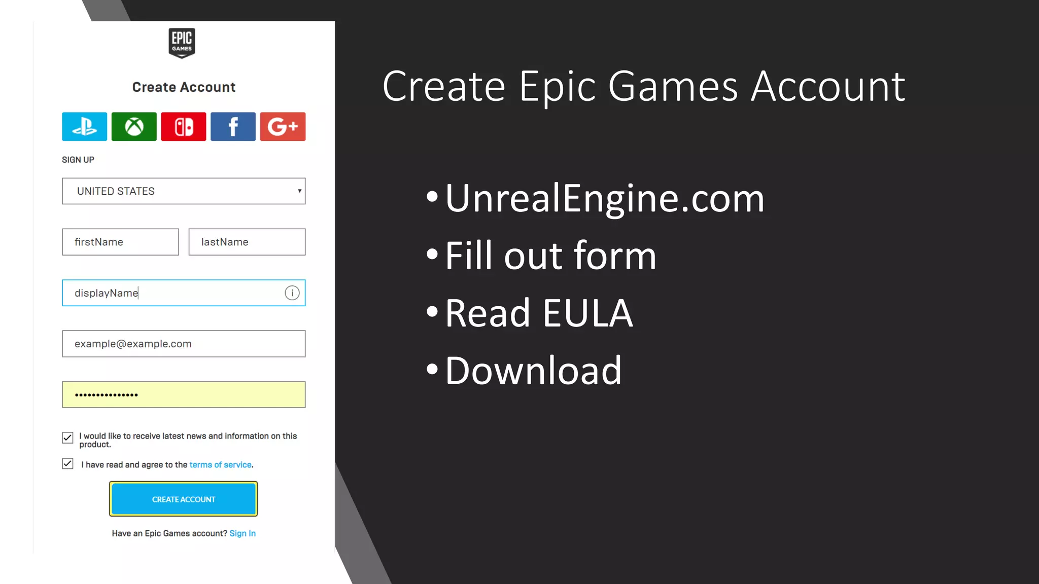 www.alter-native-media.com
Create Epic Games Account
•UnrealEngine.com
•Fill out form
•Read EULA
•Download
 