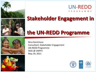Stakeholder Engagement inStakeholder Engagement in
the UN-REDD Programmethe UN-REDD Programme
Nina Kantcheva
Consultant, Stakeholder Engagement
UN-REDD Programme
IASG @ UNPFII
May 19, 2011
 