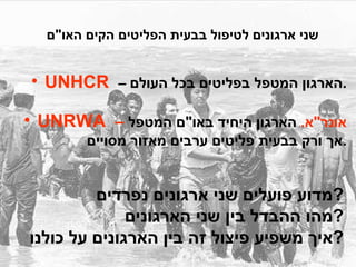 שני ארגונים לטיפול בבעית הפליטים הקים האו " ם UNHCR  –  הארגון המטפל בפליטים בכל העולם . UNRWA  –  אונר " א .  הארגון היחיד באו " ם המטפל אך ורק בבעית פליטים ערבים מאזור מסויים . מדוע פועלים שני ארגונים נפרדים ? מהו ההבדל בין שני הארגונים ? איך משפיע פיצול זה בין הארגונים על כולנו ? 