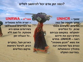 כמה זמן אדם יכול להיחשב לפליט ? UNHCR  –  שואף שתוך תקופה של כמה חודשים ,  ולעיתים מספר שנים ,  כל הפליטים יתאקלמו  במקומם ובביתם החדש ויבנו את חייהם מחדש .  UNHCR  –  רואה את נושא  " תכנון משפחה "  כגורם בעל חשיבות רבה בתהליך ההסתגלות במדינות המקלט . UNRWA  –  אונר " א  – יוצרת תלות טוטאלית של הפליטים וצאצאיהם ,  בשירותים אותם היא מספקת .  כל זאת ללא כל הגבלת זמן .  הארגון פעל ,  במקרים רבים ,  לסיכול ניסיונות שיקום הפליטים . 