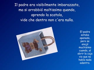 Il padre era visibilmente imbarazzato, ma si arrabbió moltissimo quando, aprendo la scatola, vide che dentro non c'era nulla. El padre estaba apenado, pero se enojó muchisimo cuando, al abrir la caja vio que no había nada adentro. 