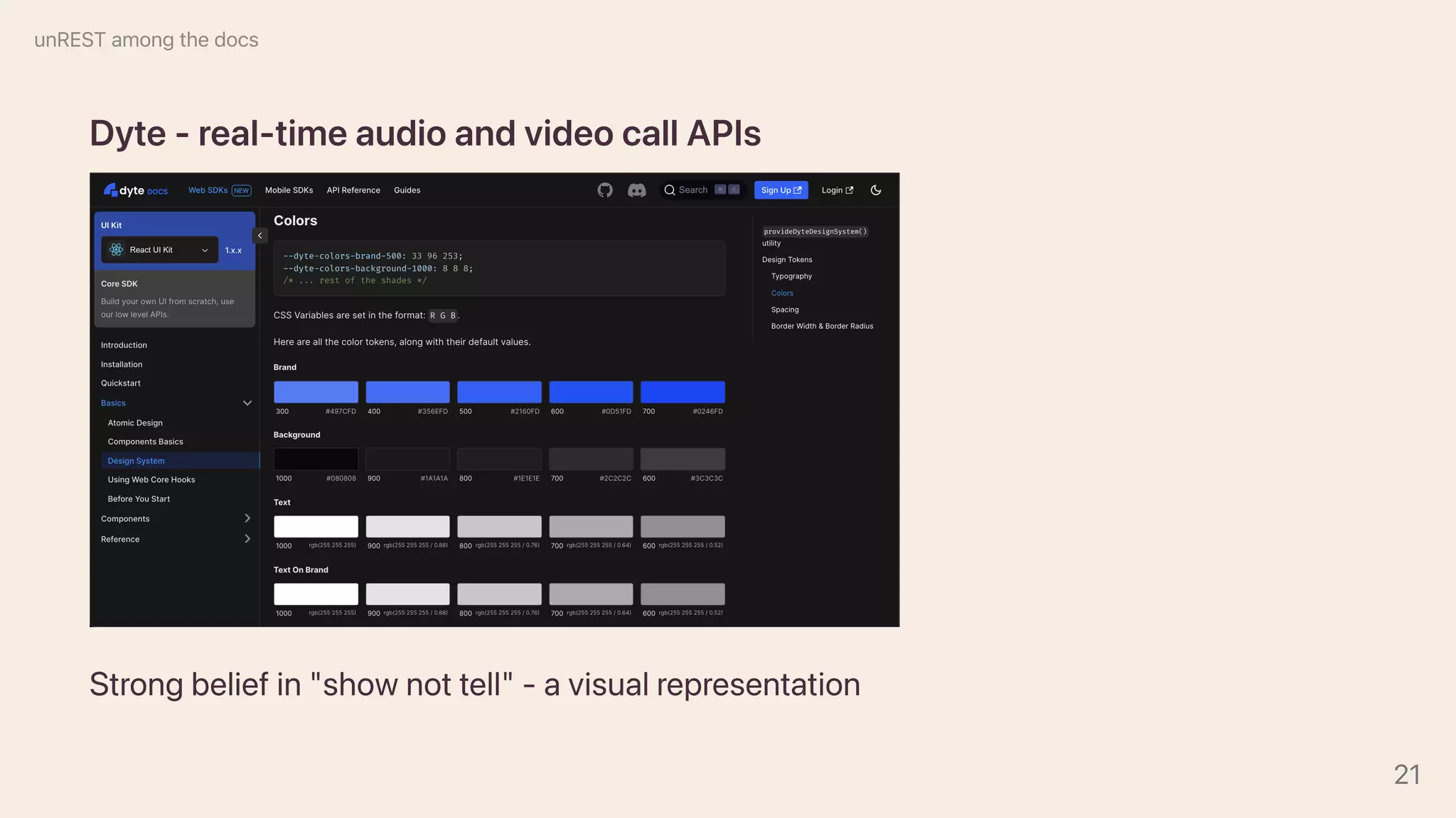 Dyte-real-timeaudioandvideocallAPIs
Strongbeliefin"shownottell"-avisualrepresentation
unRESTamongthedocs
21
 
