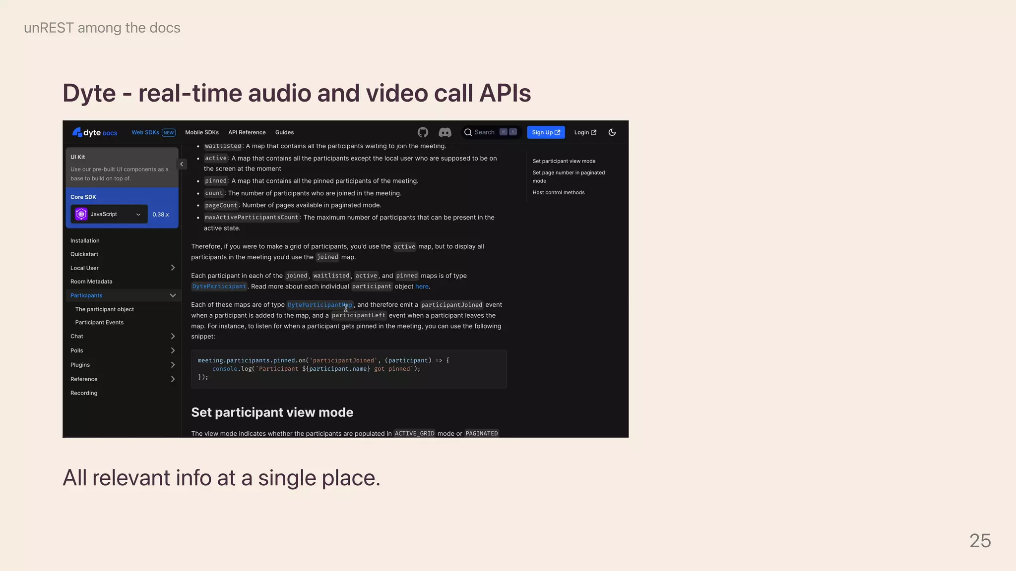 Dyte-real-timeaudioandvideocallAPIs
Allrelevantinfoatasingleplace.
unRESTamongthedocs
25
 