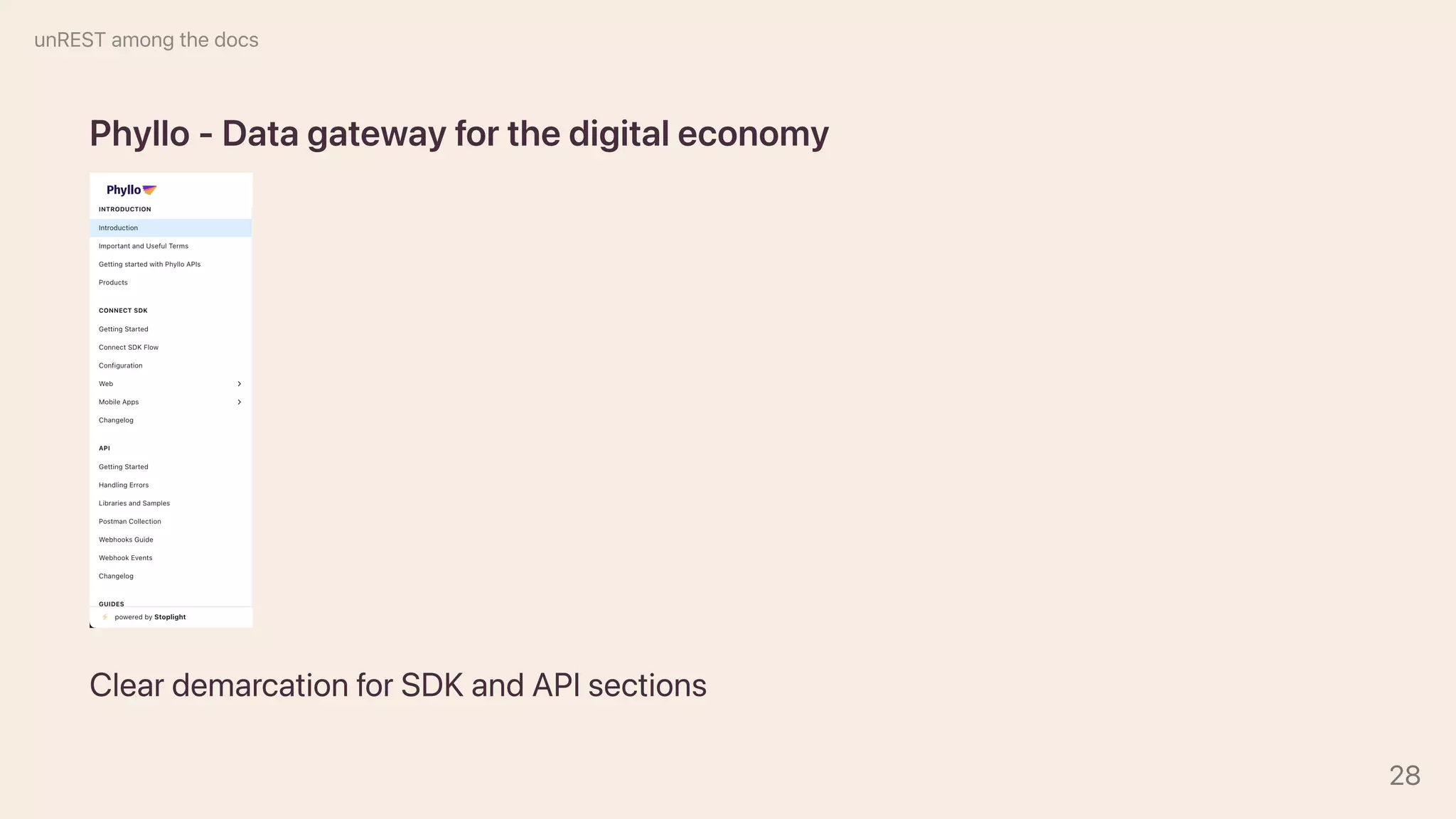 Phyllo-Datagatewayforthedigitaleconomy
CleardemarcationforSDKandAPIsections
unRESTamongthedocs
28
 