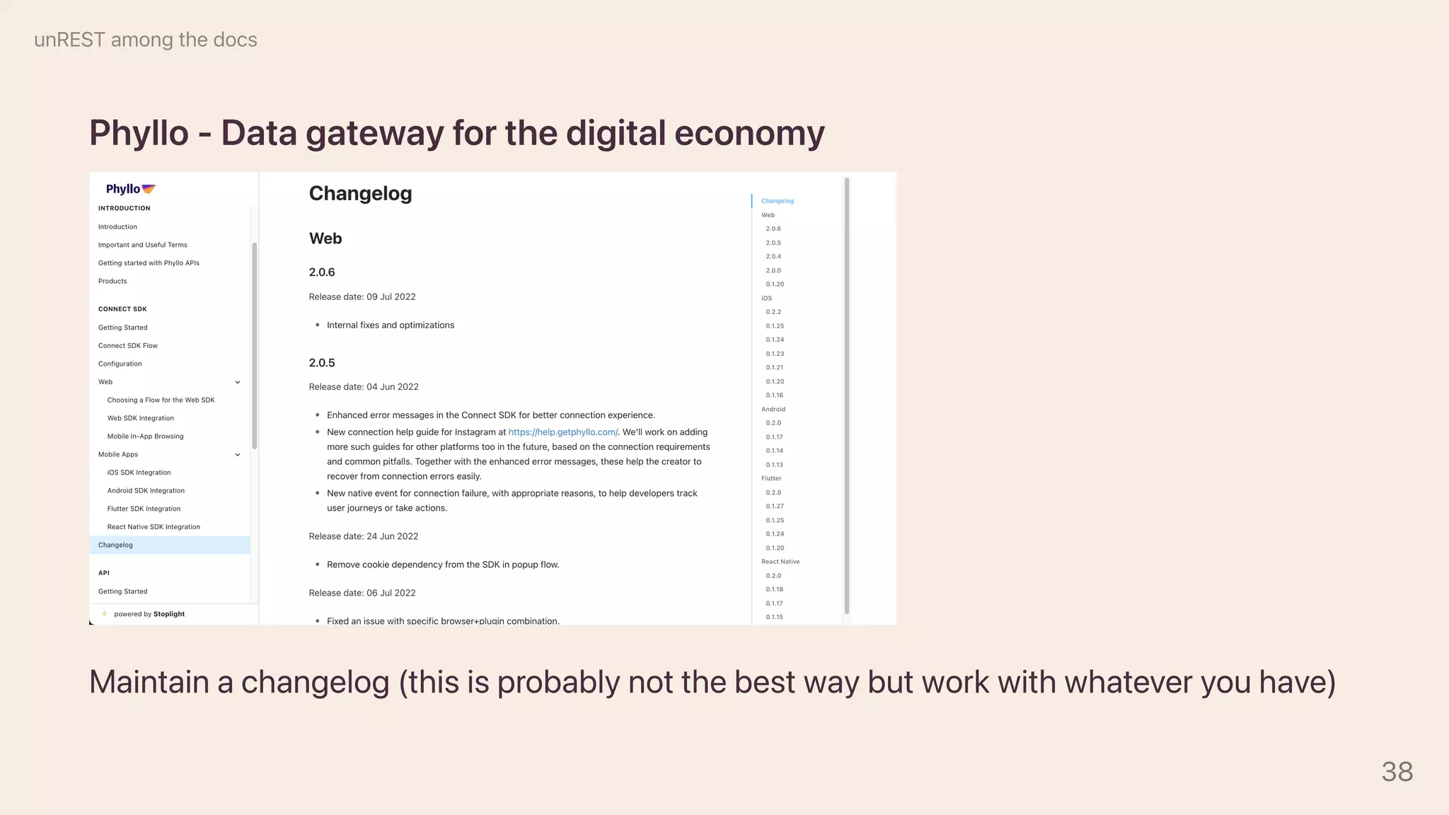 Phyllo-Datagatewayforthedigitaleconomy
Maintainachangelog(thisisprobablynotthebestwaybutworkwithwhateveryouhave)
unRESTamongthedocs
38
 