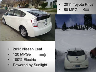32
• 2011 Toyota Prius
• 50 MPG
• 2013 Nissan Leaf
• 120 MPGe
• 100% Electric
• Powered by Sunlight
 
