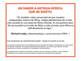 UN SABOR A ANTIGUA ÁFRICA: 
SUR DE EGIPTO 
“Yo, también, estoy convencido de que nuestros 
antepasados vinieron de África. Independientemente de si todo 
esto sucedió en una zanja de África Oriental, no me gustaría decir. 
Tal vez sucedió en el norte de África o más al oeste, pero África es 
definitivamente el lugar.” 
Richard Leaky, paleoantropólogo y conservacionista (1944 - ) 
Una recopilación de sentirelcambio.org/slh - Desde el corazón al mundo 
Las siguientes imágenes han sido recopiladas gracias al buscador de Google. Probablemente se habrá violado 
la propiedad intelectual. Pero tengo la esperanza de que debido a que el tema está realizado con tales 
características, también sea tratado con consideración. Muchas gracias. 
Un agradecimiento especial a los hombres y mujeres comunes, valientes y decididos, a los verdaderos 
historiadores, que continúan haciendo el trabajo innovador que hizo posible esta exposición. 
 