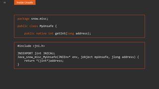 13
package snow.misc;
public class MyUnsafe {
public native int getInt(long address);
#include <jni.h>
JNIEXPORT jint JNICALL
Java_snow_misc_MyUnsafe(JNIEnv* env, jobject myUnsafe, jlong address) {
return *(jint*)address;
}
Inside Unsafe
 