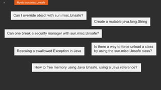 3
Can I override object with sun.misc.Unsafe?
Is there a way to force unload a class
by using the sun.misc.Unsafe class?
Can one break a security manager with sun.misc.Unsafe?
Rescuing a swallowed Exception in Java
How to free memory using Java Unsafe, using a Java reference?
Create a mutable java.lang.String
Mystic sun.misc.Unsafe
 