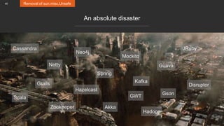 40 Removal of sun.misc.Unsafe
An absolute disaster
Cassandra
Netty Guava
Hazelcast
Mockito
GWT
Hadoop
Zookeeper
Kafka
Gson
Neo4j
Grails
Spring
Disruptor
JRuby
Scala
Akka
 