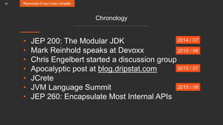 42
Chronology
• JEP 200: The Modular JDK
• Mark Reinhold speaks at Devoxx
• Chris Engelbert started a discussion group
• Apocalyptic post at blog.dripstat.com
• JCrete
• JVM Language Summit
• JEP 260: Encapsulate Most Internal APIs
Removal of sun.misc.Unsafe
2014 / 07
2015 / 06
2015 / 07
2015 / 08
 