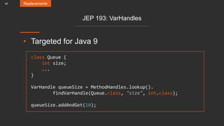 46
JEP 193: VarHandles
• Targeted for Java 9
Replacements
class Queue {
int size;
...
}
VarHandle queueSize = MethodHandles.lookup().
findVarHandle(Queue.class, "size", int.class);
queueSize.addAndGet(10);
 