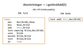 AtomicInteger — i.getAndAdd(5)
loop:
mov 0xc(%r10),%eax
mov %eax,%r11d
add $0x5,%r11d
lock cmpxchg %r11d,0xc(%r10)
sete %r11b
movzbl %r11b,%r11d
test %r11d,%r11d
je loop
JDK 7u72 JDK 8u66
lock addl $0x5,0xc(%r10)
-XX:+PrintAssembly
 