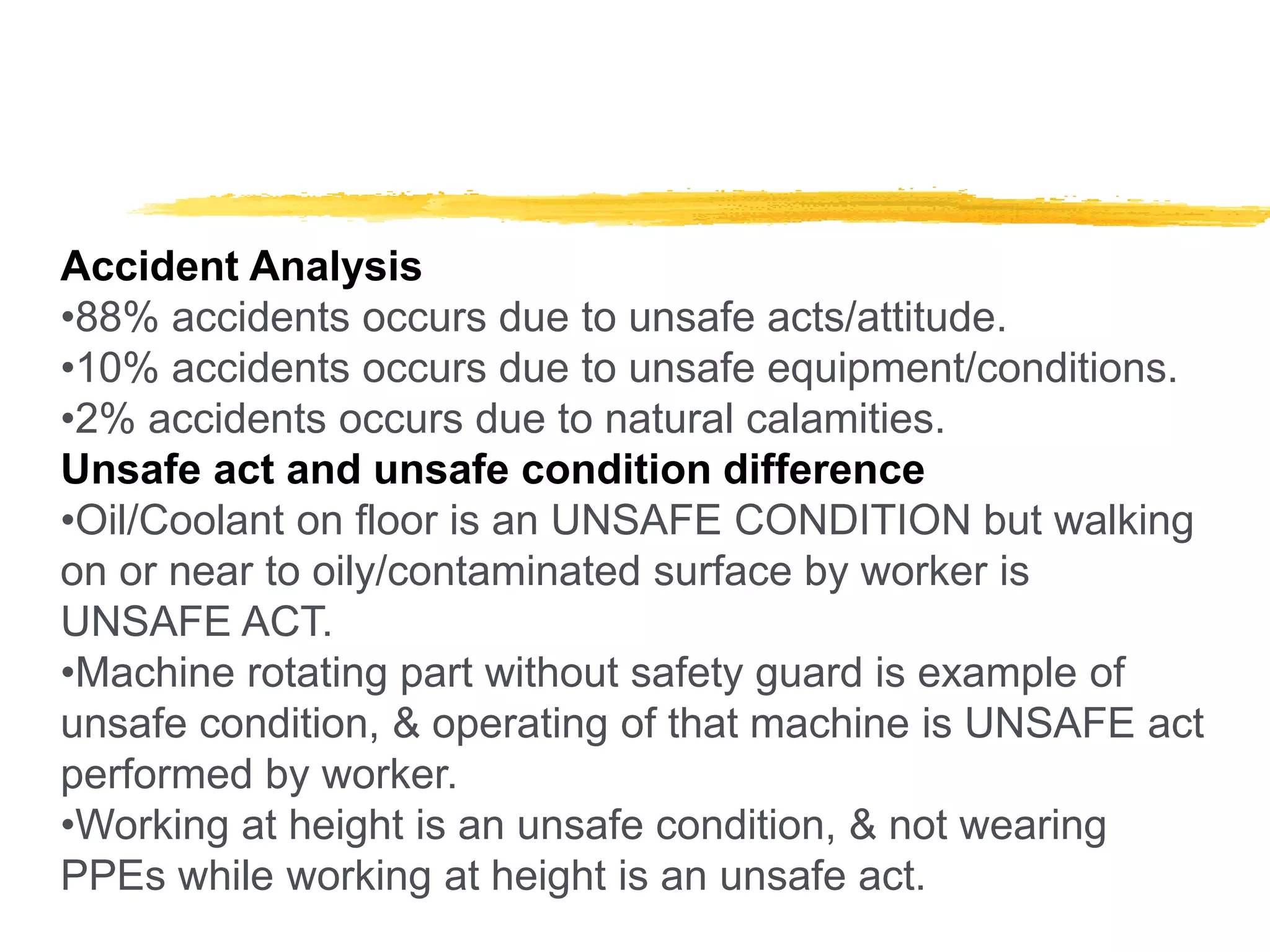 Accident Analysis
•88% accidents occurs due to unsafe acts/attitude.
•10% accidents occurs due to unsafe equipment/conditions.
•2% accidents occurs due to natural calamities.
Unsafe act and unsafe condition difference
•Oil/Coolant on floor is an UNSAFE CONDITION but walking
on or near to oily/contaminated surface by worker is
UNSAFE ACT.
•Machine rotating part without safety guard is example of
unsafe condition, & operating of that machine is UNSAFE act
performed by worker.
•Working at height is an unsafe condition, & not wearing
PPEs while working at height is an unsafe act.
 