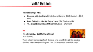 Velká Británie
Nejsledovanější R&E
● Dancing with the Stars/Strictly Come Dancing (BBC Studios) – BBC
One
● I'm a Celebrit...