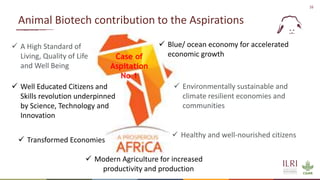 16
Animal Biotech contribution to the Aspirations
Case of
Aspitation
No 1
 A High Standard of
Living, Quality of Life
and Well Being
 Well Educated Citizens and
Skills revolution underpinned
by Science, Technology and
Innovation
 Healthy and well-nourished citizens
 Transformed Economies
 Modern Agriculture for increased
productivity and production
 Blue/ ocean economy for accelerated
economic growth
 Environmentally sustainable and
climate resilient economies and
communities
 