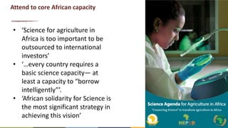29
Attend to core African capacity
• ‘Science for agriculture in
Africa is too important to be
outsourced to international
investors’
• ‘…every country requires a
basic science capacity— at
least a capacity to “borrow
intelligently”’.
• ‘African solidarity for Science is
the most significant strategy in
achieving this vision’
 