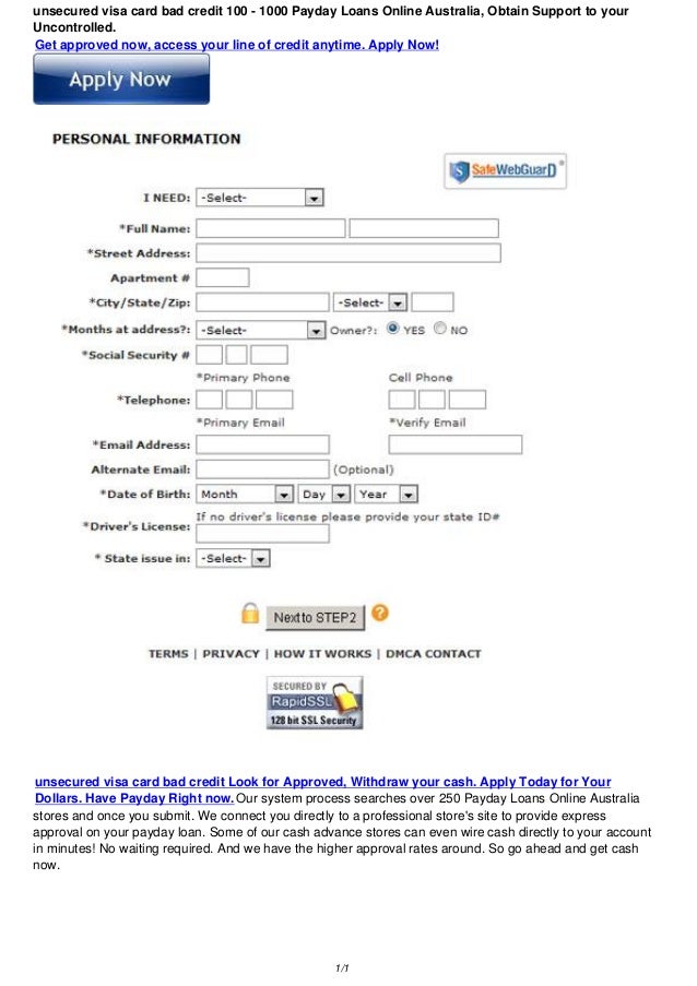 Unsecured Visa Card Bad Credit 100 1000 AU Payday