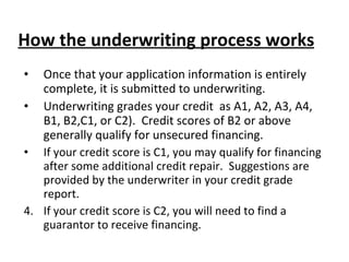 Once that your application information is entirely complete, it is submitted to underwriting. Underwriting grades your credit  as A1, A2, A3, A4, B1, B2,C1, or C2).  Credit scores of B2 or above generally qualify for unsecured financing. If your credit score is C1, you may qualify for financing after some additional credit repair.  Suggestions are provided by the underwriter in your credit grade report. If your credit score is C2, you will need to find a guarantor to receive financing. How the underwriting process works 