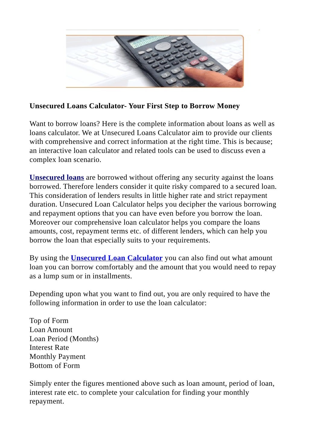 Unsecured Loans Calculator Your First Step to Borrow Money