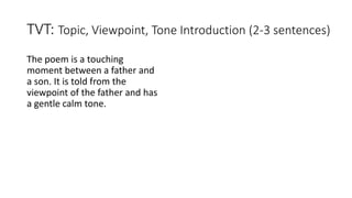 TVT: Topic, Viewpoint, Tone Introduction (2-3 sentences)
The poem is a touching
moment between a father and
a son. It is told from the
viewpoint of the father and has
a gentle calm tone.
 