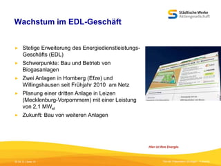 Wachstum im EDL-Geschäft


Stetige Erweiterung des EnergiedienstleistungsGeschäfts (EDL)



Schwerpunkte: Bau und Betrieb von
Biogasanlagen



Zwei Anlagen in Homberg (Efze) und
Willingshausen seit Frühjahr 2010 am Netz



Planung einer dritten Anlage in Leizen
(Mecklenburg-Vorpommern) mit einer Leistung
von 2,1 MWel



Zukunft: Bau von weiteren Anlagen

05.09.13 | Seite 10

Titel der Präsentation [Einfügen - Fußzeile]

 